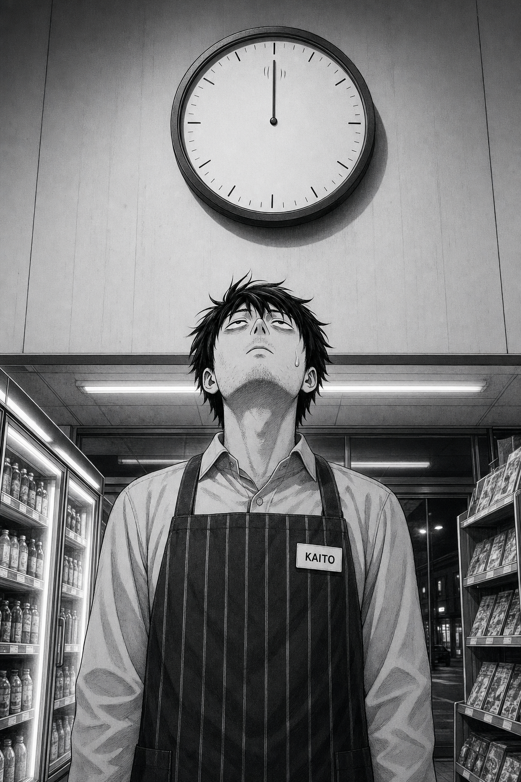 The same low-angle shot: Kaito stares straight up at the frozen wall clock, dead-eyed, now with a larger bead of sweat. No dialogue.