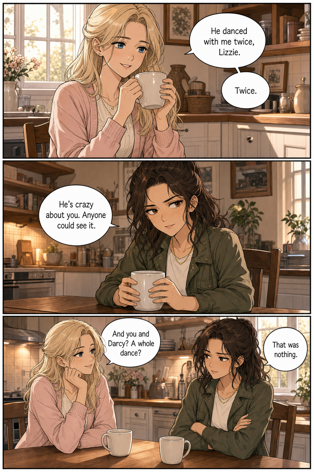 In the warm Bennet kitchen the morning after the party, Jane cradles her coffee, glowing about dancing with Bingley twice, while a guarded Lizzie deflects Jane's teasing about her own dance with Darcy.