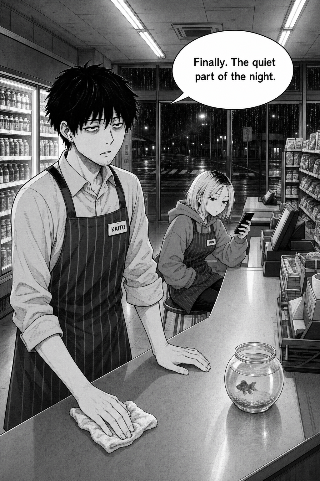 Wide night shot inside a convenience store: Kaito wipes the counter while Rin sits on a stool on her phone; a small goldfish bowl sits on the counter, rain on the windows.