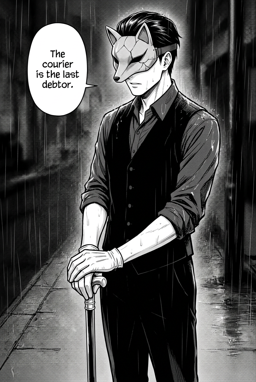 The fox-visored man stands quietly in the rain, both hands resting on his silver cane, his smile gone, delivering a grim truth.