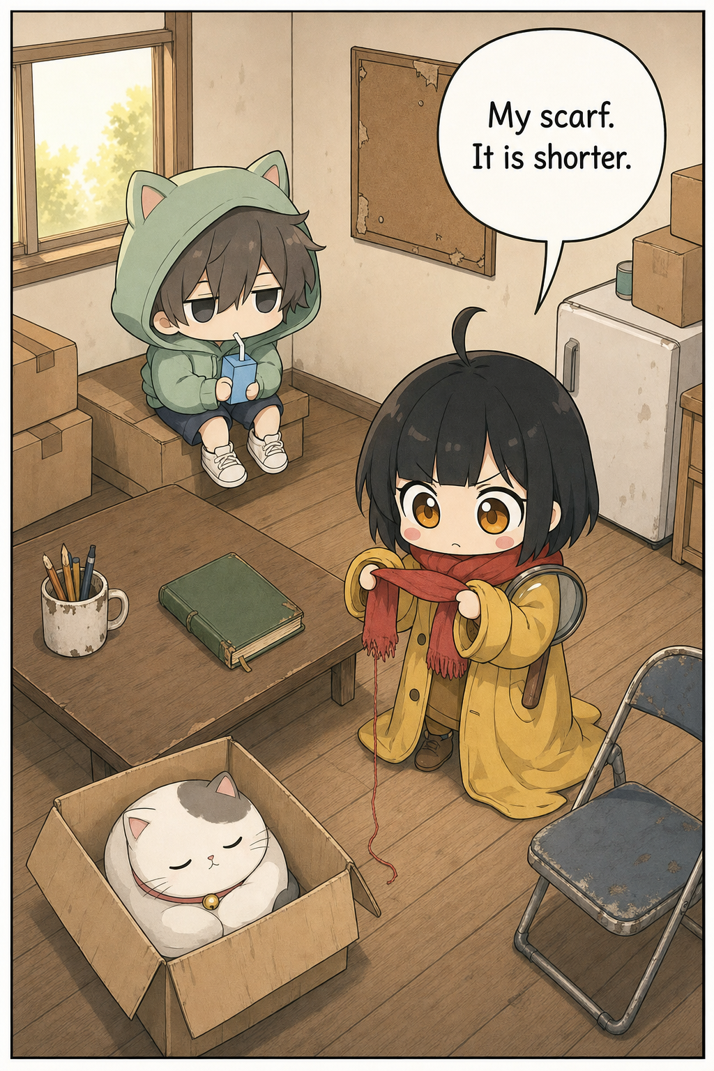 Wide view of the Tiny Case Agency clubroom. A chibi girl in an oversized mustard-yellow coat holds up the frayed end of her dusty-red scarf in both hands, dismayed, as a single strand of red yarn dangles from it to the floor. A chibi boy in a mint-green cat-ear hoodie sips a juice box on the cardboard boxes, and a round white cat sleeps in an open box.