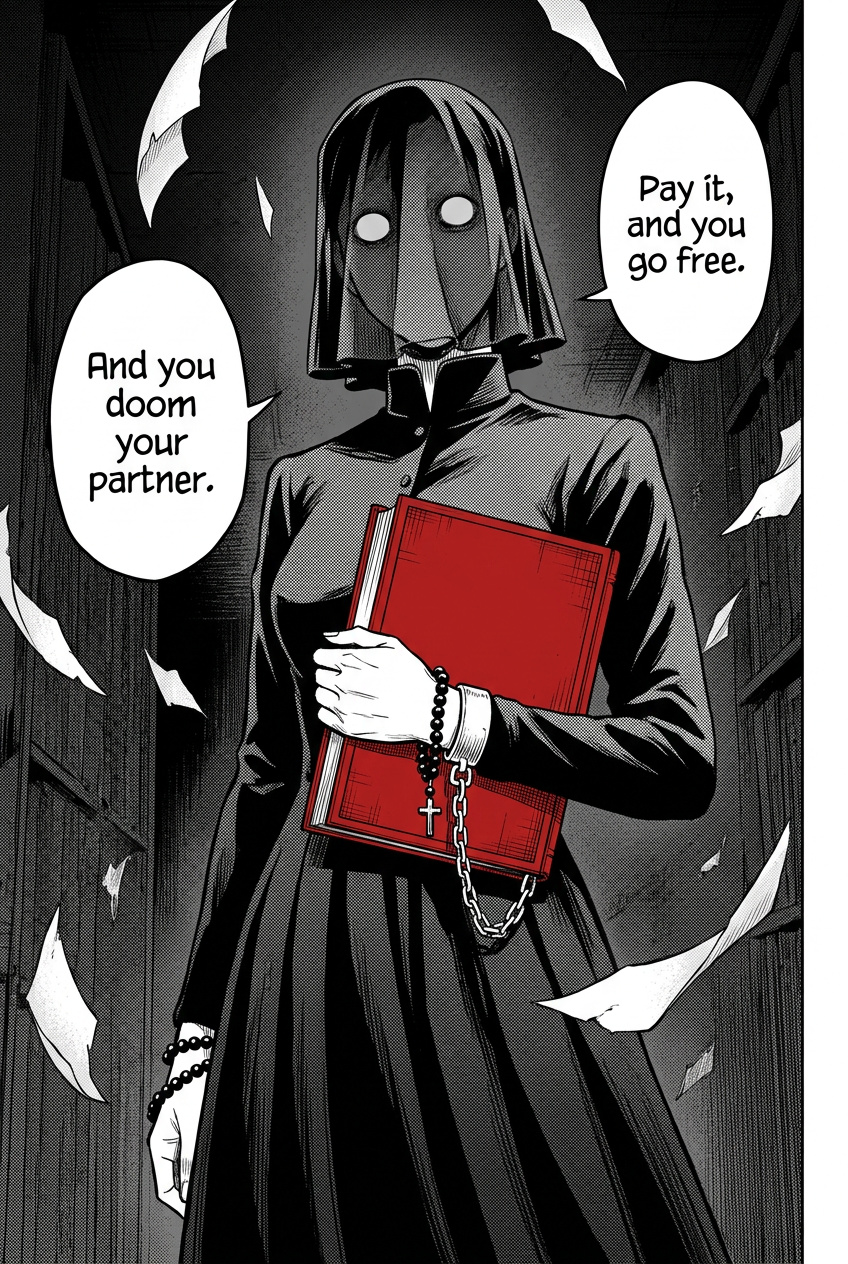 The veiled Mother Ledger tilts her head and delivers a cryptic warning, the red ledger held against her body.