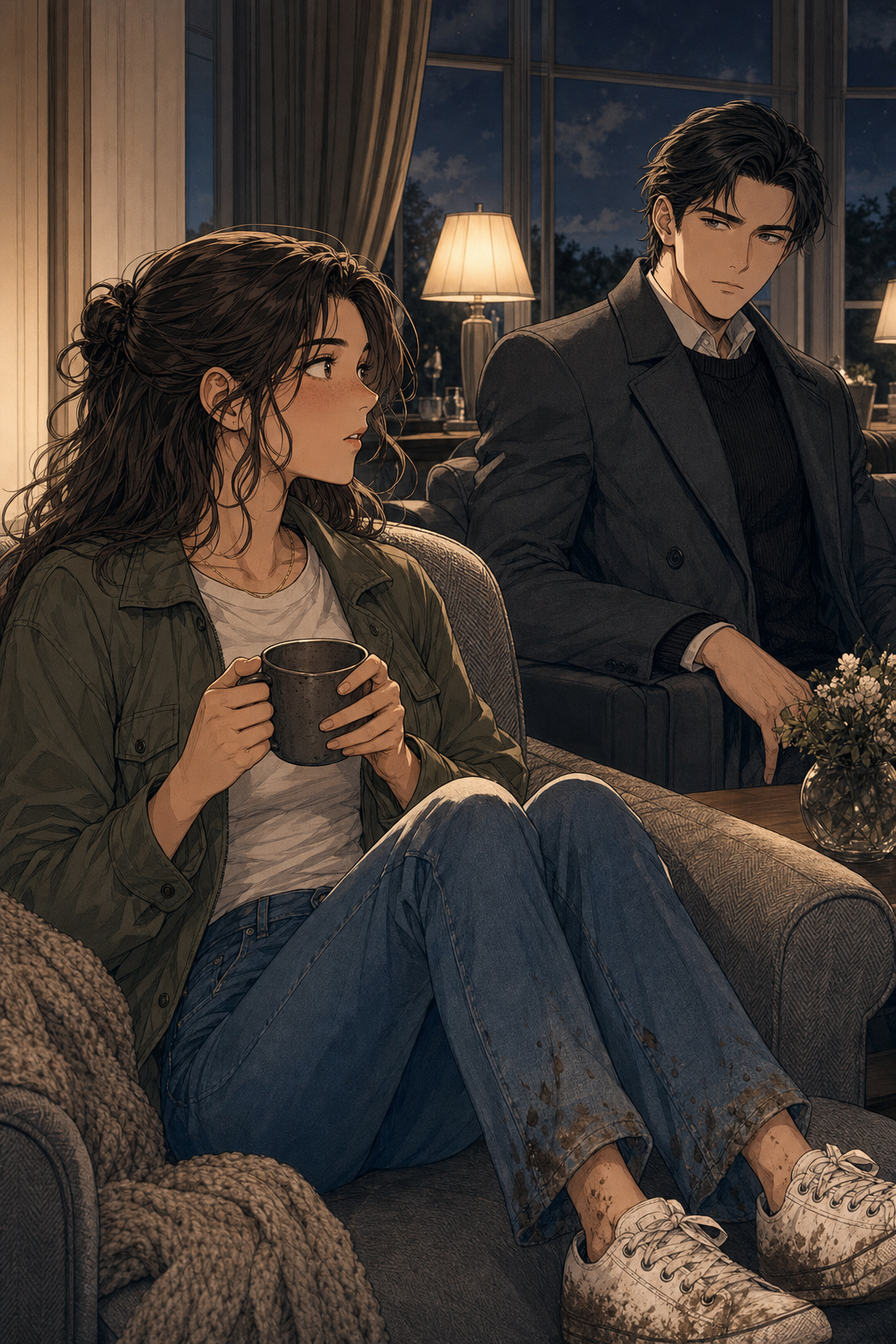 Lizzie, curled in an armchair with a mug, catches Darcy watching her from the next seat in the lamplit room, and her composure falters.