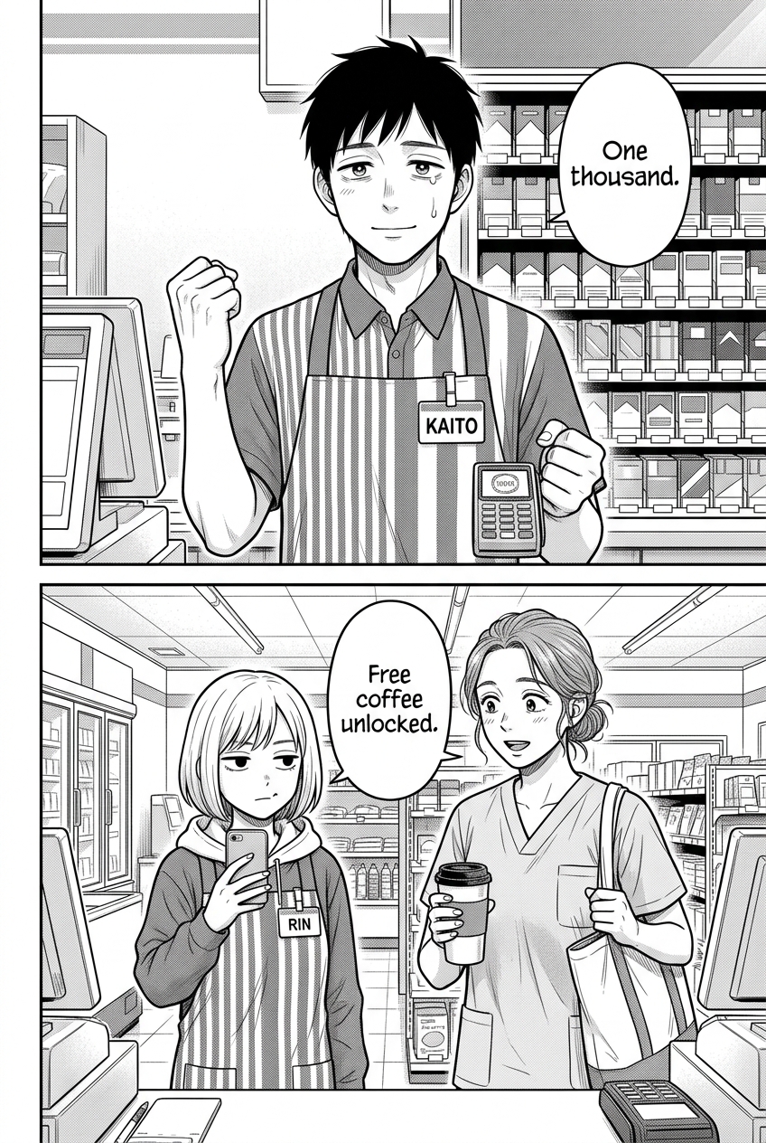 Two panels: Kaito raises his fists in triumph with a single tear as the reader hits 1000, and Rin announces the free coffee while the nurse perks up hopefully.