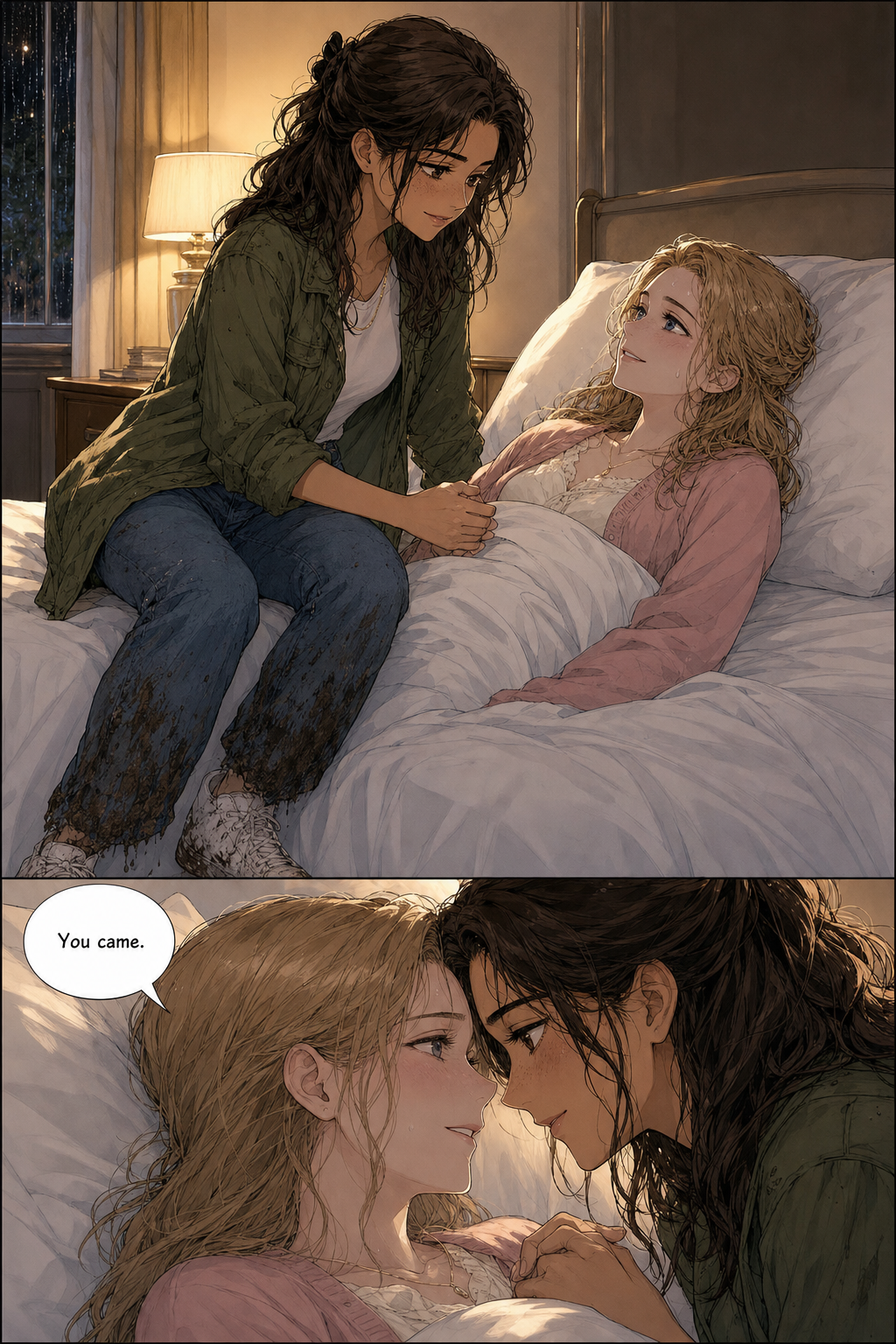 Lizzie sits on the bed holding her feverish sister Jane's hand in a warm-lit guest room; a close-up shows their foreheads nearly touching.