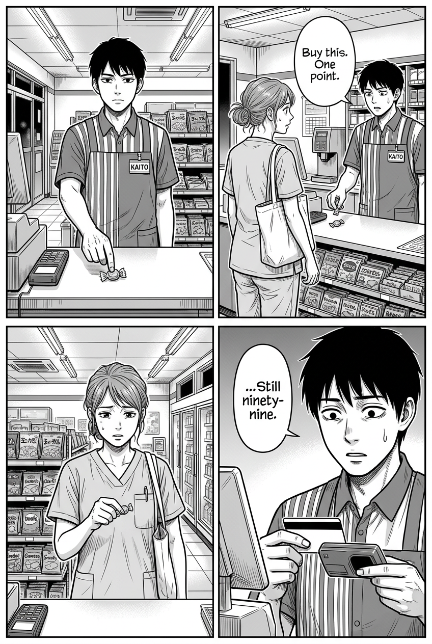 Four panels: Kaito presents a single candy as a solution, slides it to the confused nurse, she buys it, and he stares in horror as the points still read 99.