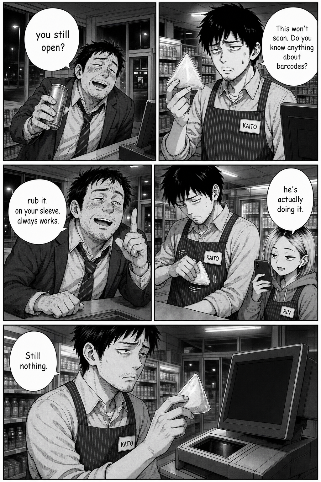 A drunk salaryman tells Kaito to rub the rice ball on his sleeve; Kaito tries it, and it still won't scan.