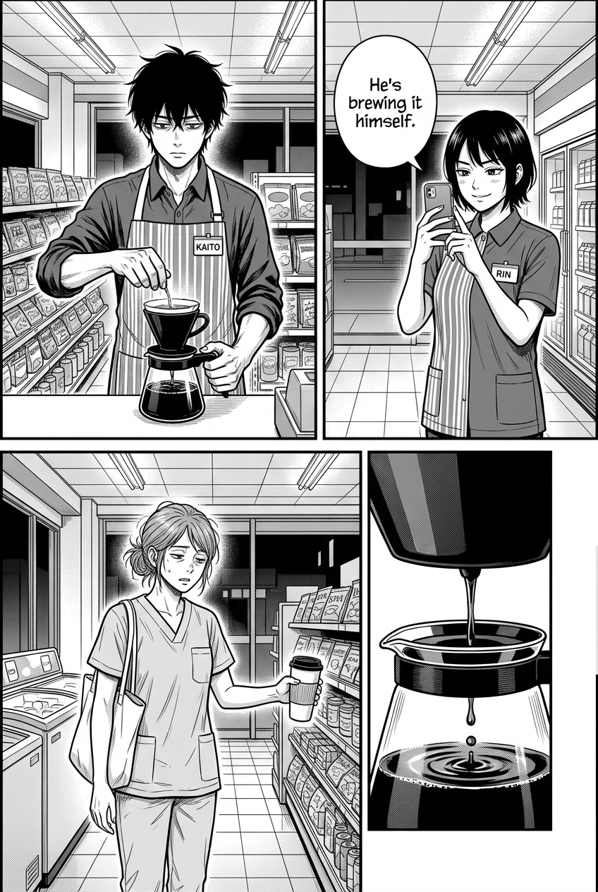 Four panels: Kaito ceremonially hand-brews a fresh pot of coffee, Rin films with delight, the nurse waits swaying with exhaustion, and coffee drips agonizingly slowly.