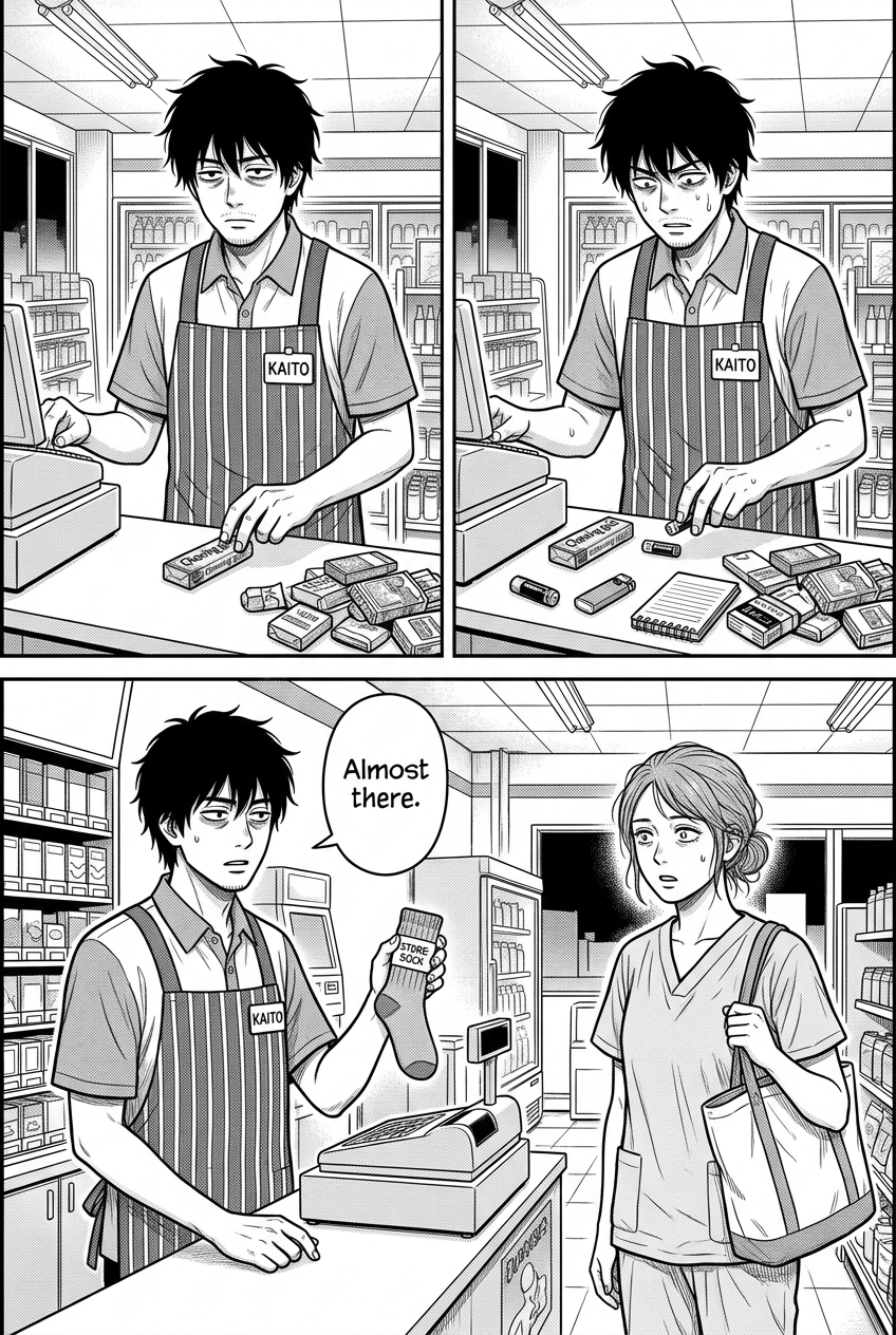 Four panels: Kaito grimly rings up gum, then a battery, then holds up a single sock as a solution, while the exhausted nurse stares in confusion.