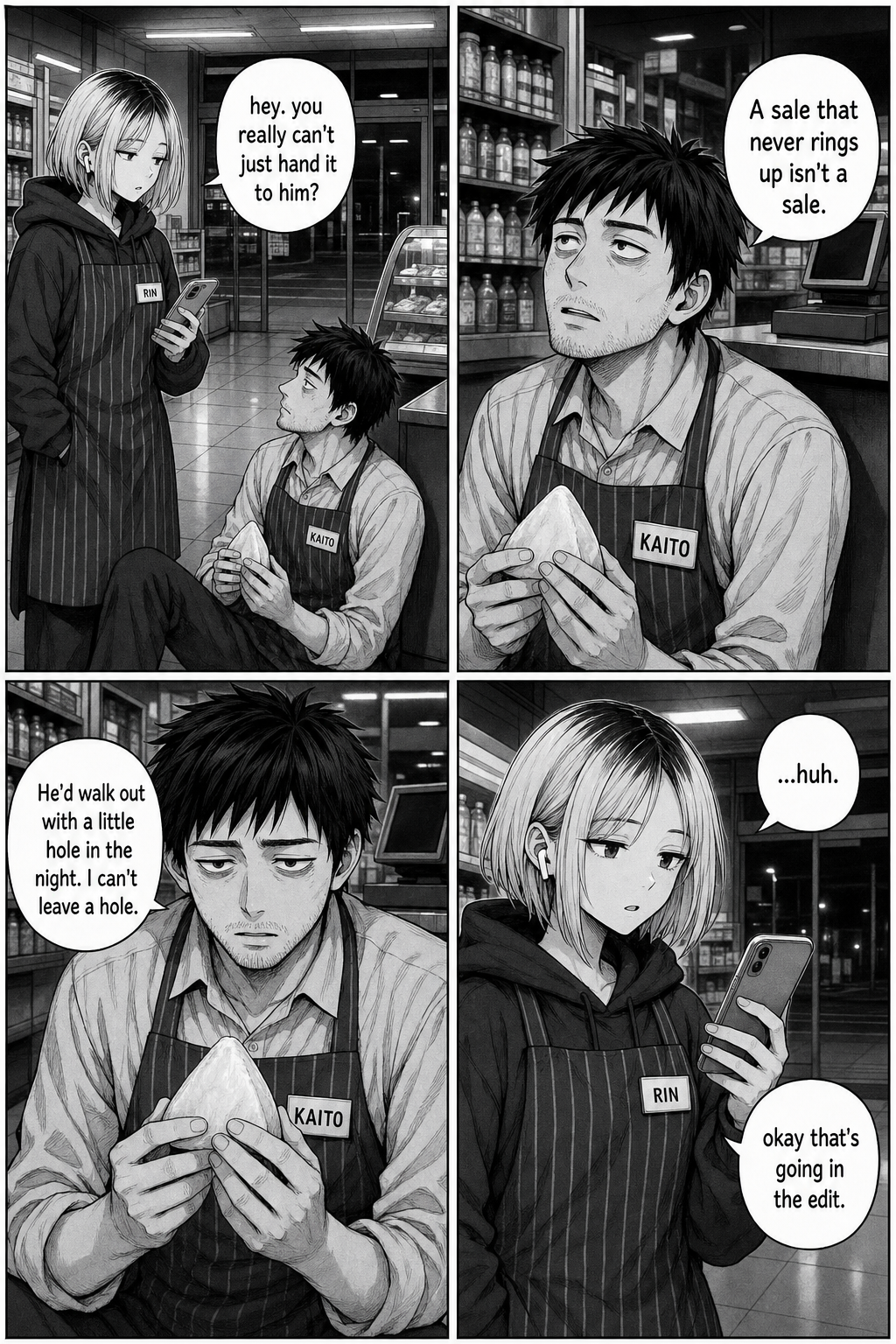 Rin lowers her phone and sincerely asks why he can't just hand it over; Kaito explains a sale that never rings up isn't a sale.