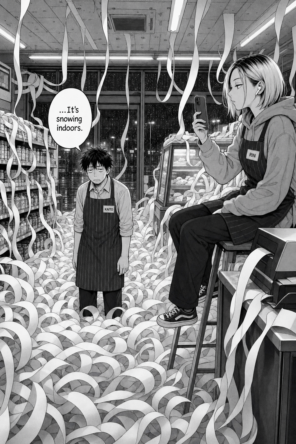 The whole store is drifted with blank receipt paper like snow; Kaito stands knee-deep and small in the middle of it.