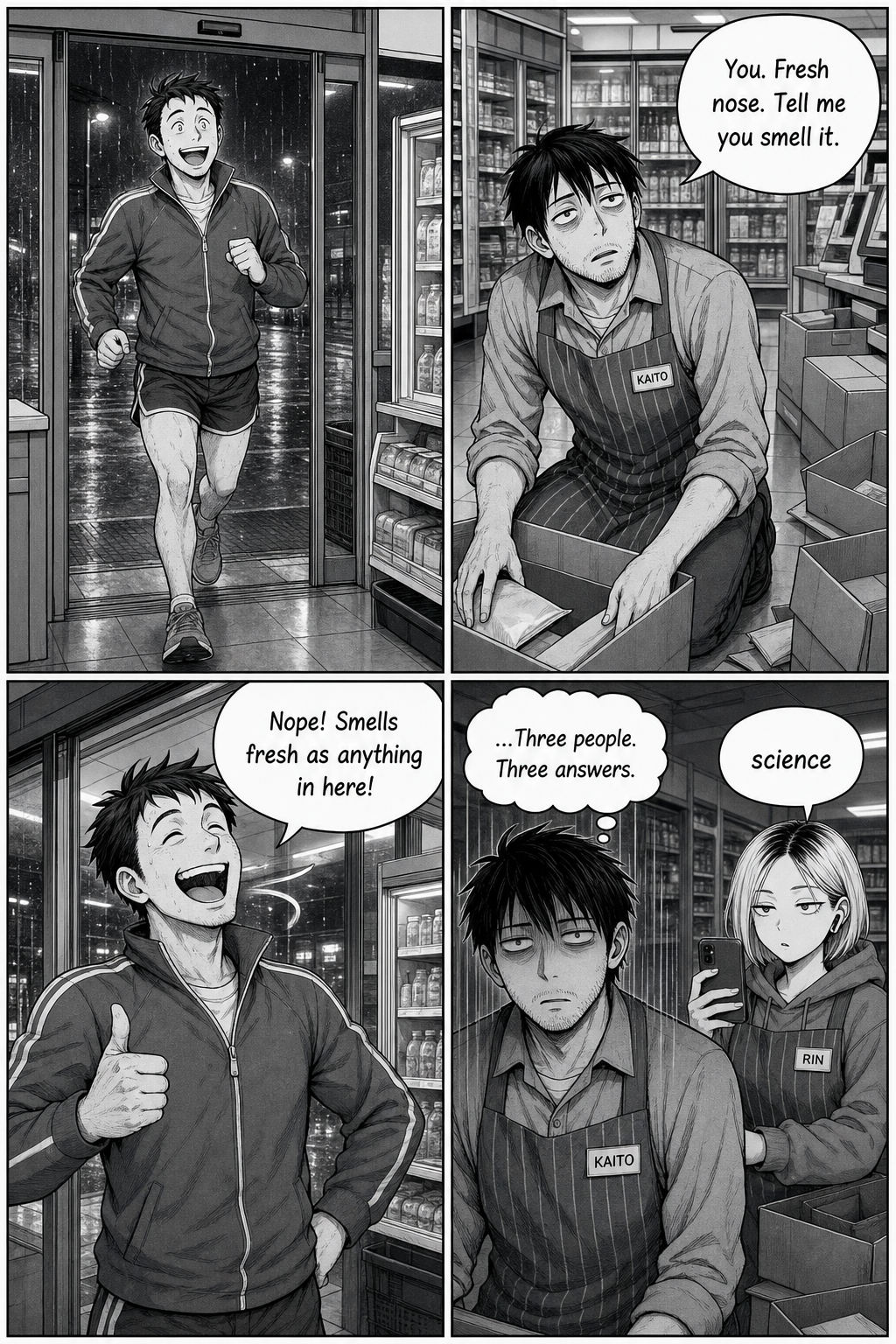 A cheerful jogger bounces in and, when asked, insists the air smells fresh as anything; Kaito goes hollow — three witnesses, three answers.