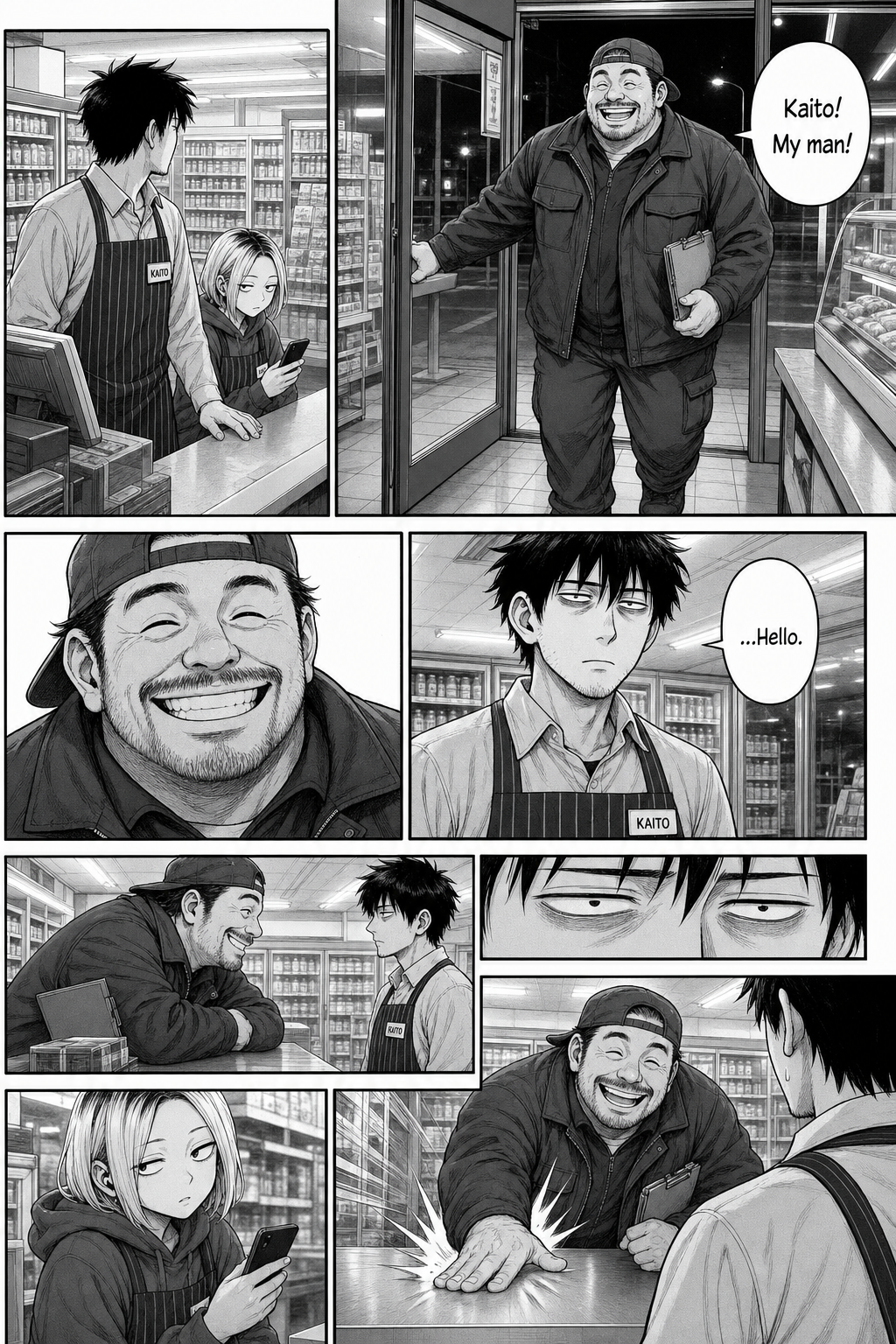 Dense seven-panel manga page: a burly delivery driver strides into the night convenience store and greets Kaito like an old friend, while Kaito stares back blankly and Rin glances up from her phone.