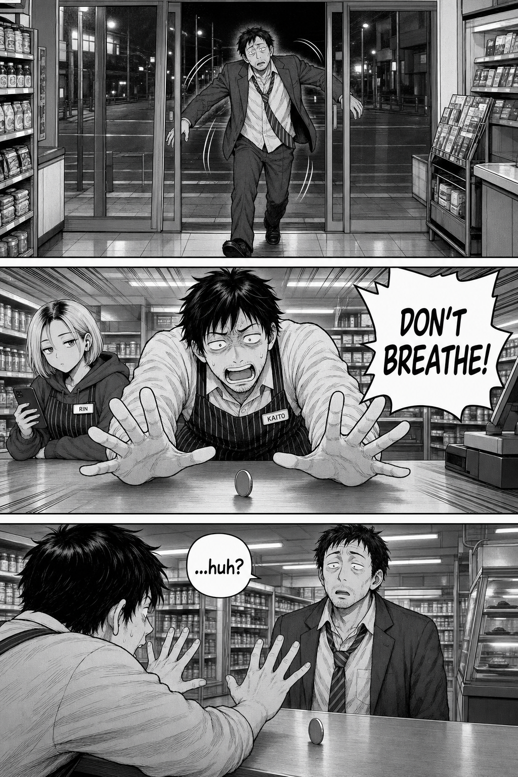 Three panels: a drunk salaryman wobbles in, Kaito lunges over the coin shouting "DON'T BREATHE!", and the man blinks blearily.