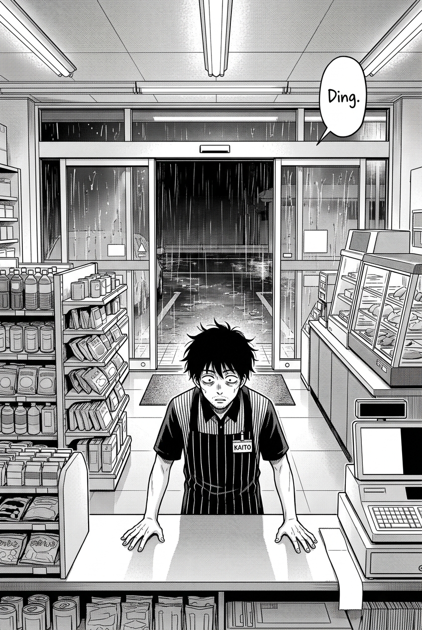 View toward the store's glass sliding doors as they open, rain outside. In the foreground Kaito snaps upright behind the counter, wide-eyed and braced, hands flat on the counter.