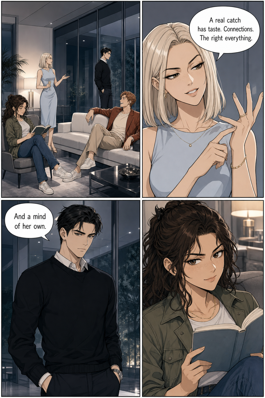 In four panels, Caroline lists what makes a real catch, Darcy adds one requirement, and Lizzie glances up from her book as the line lands on her.