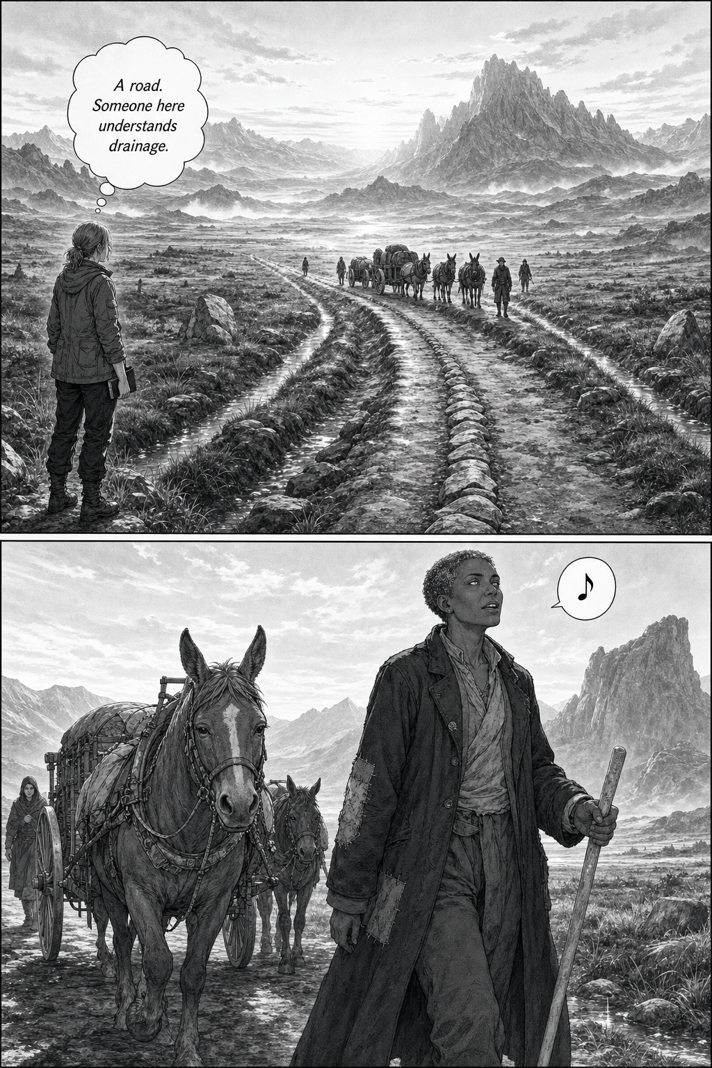 At dawn Merel sees a well-made stone-spined road and an approaching caravan, led by Adai, a blind woman with a pale walking stick who appears to be singing.