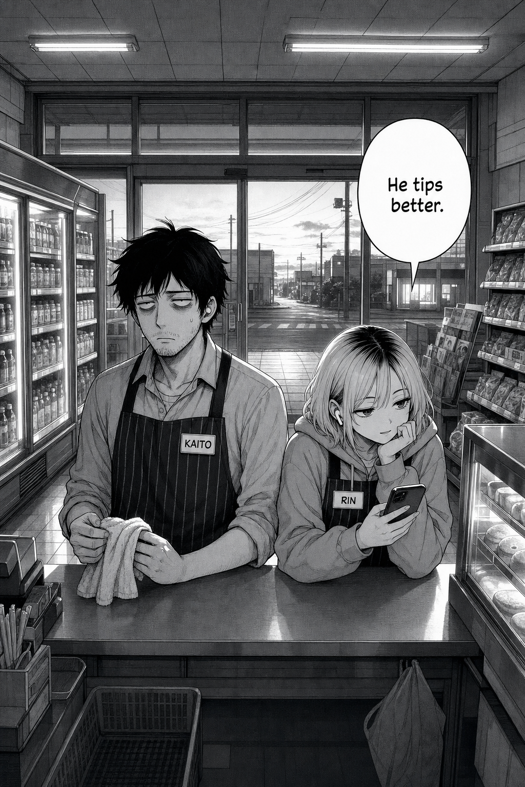 Closing full-page splash at dawn: Kaito stands blankly behind the counter holding a forgotten cleaning cloth while Rin leans beside him on her phone with a small smirk.
