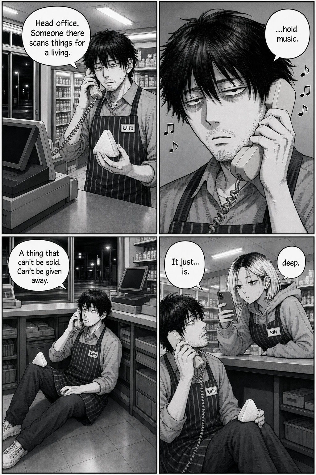 Kaito calls head office, gets only hold music, and sinks to the floor musing that a thing that can't be sold just is.