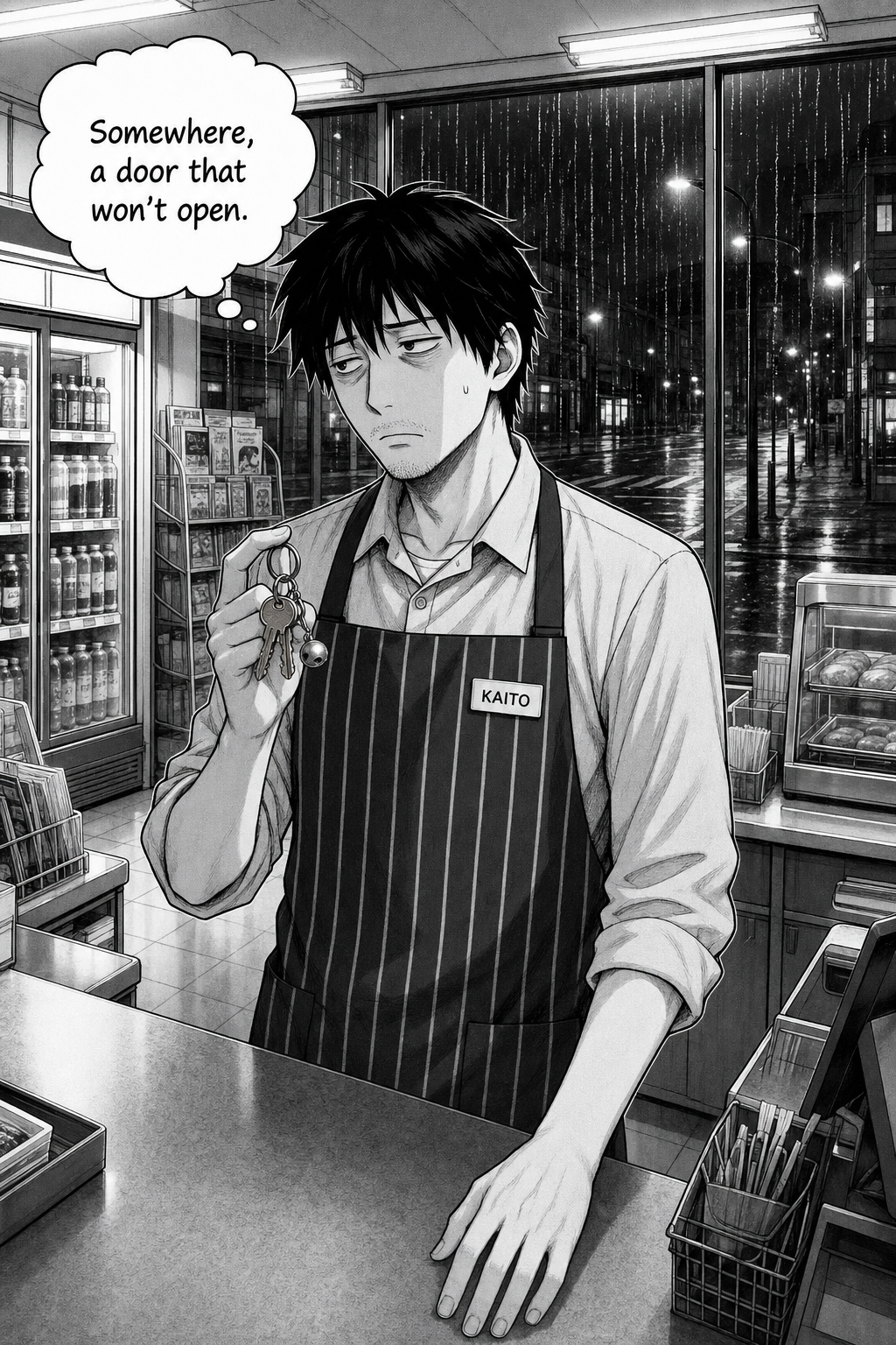 A single quiet full-page panel: Kaito stands alone at the counter under the buzzing fluorescent light, the keyring hanging from one finger, rain streaking the dark window and an empty street beyond. A single sweat drop; a lonely, liminal mood.