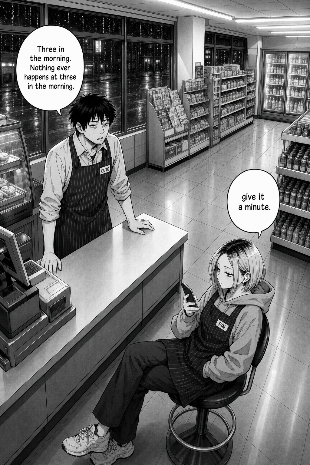 A quiet 24-hour convenience store at 3 a.m., rain on the windows. Kaito stands behind the clean register while Rin sits on a stool nearby looking at her phone.