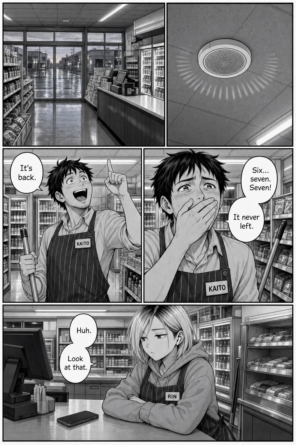 Five panels. At dawn track seven finally plays. Kaito freezes in the familiar pose, but this time his face is pure joy.