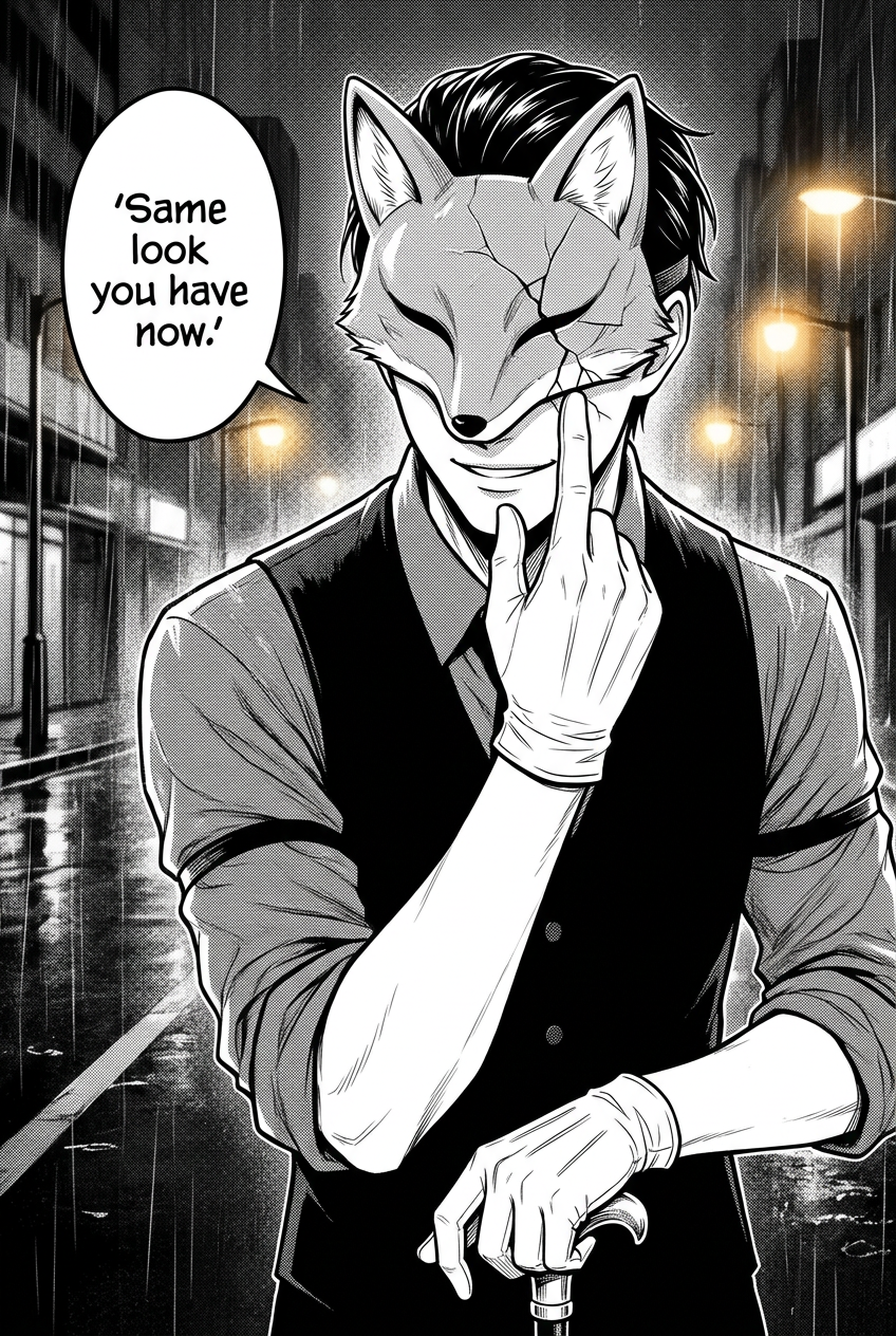 Close on the fox-visored man tapping the crack in his own mask with one gloved finger, his smile fading to something sadder.