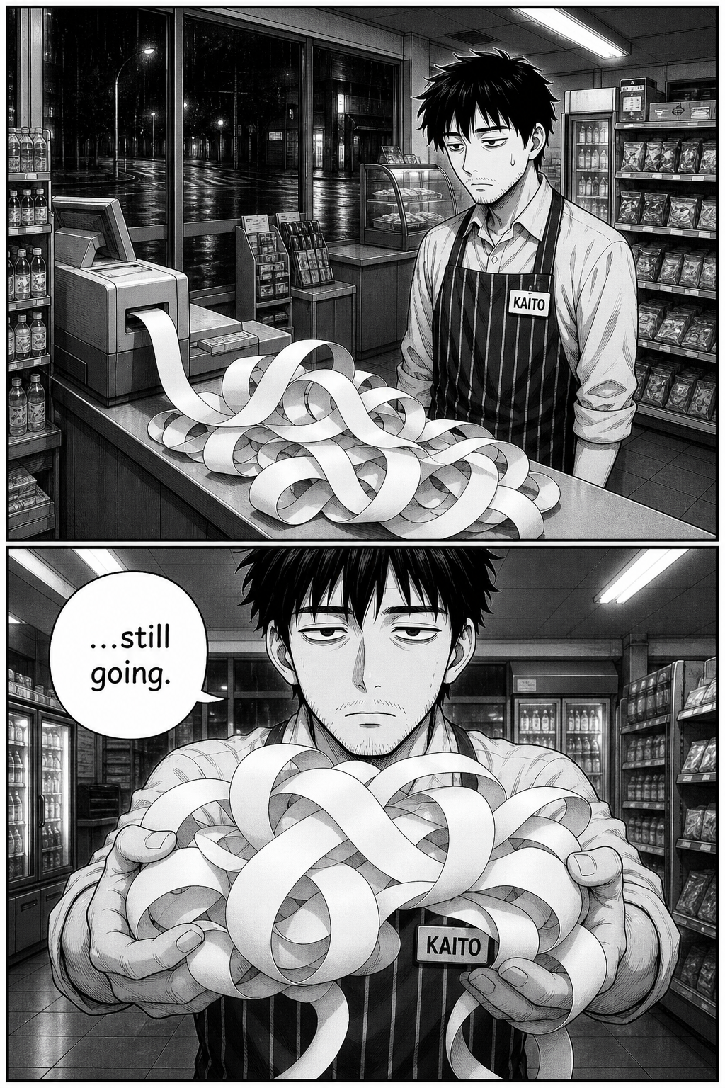 The blank receipt is now about a meter long. Kaito lifts the coil toward the reader, dead-eyed, muttering that it's still going.