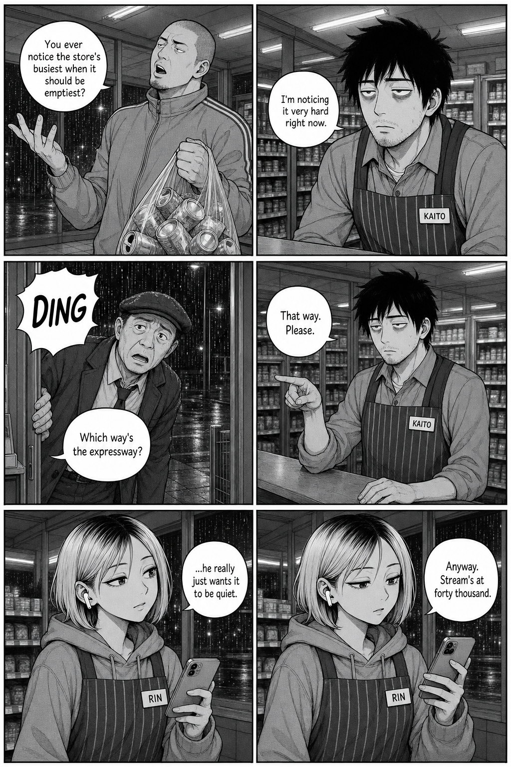 Six panels: the tracksuit regular muses that the store is busiest when it should be emptiest; Kaito deadpans agreement; a taxi driver leans in asking directions; Kaito points without looking; Rin lowers her phone with a flicker of sympathy, then raises it again, noting her stream is at forty thousand.