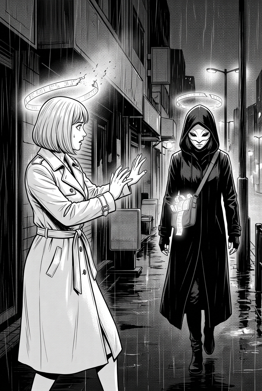 The well-dressed woman recoils in shock as a glowing halo forces itself over her head against her will; the masked courier is already walking away, head down.