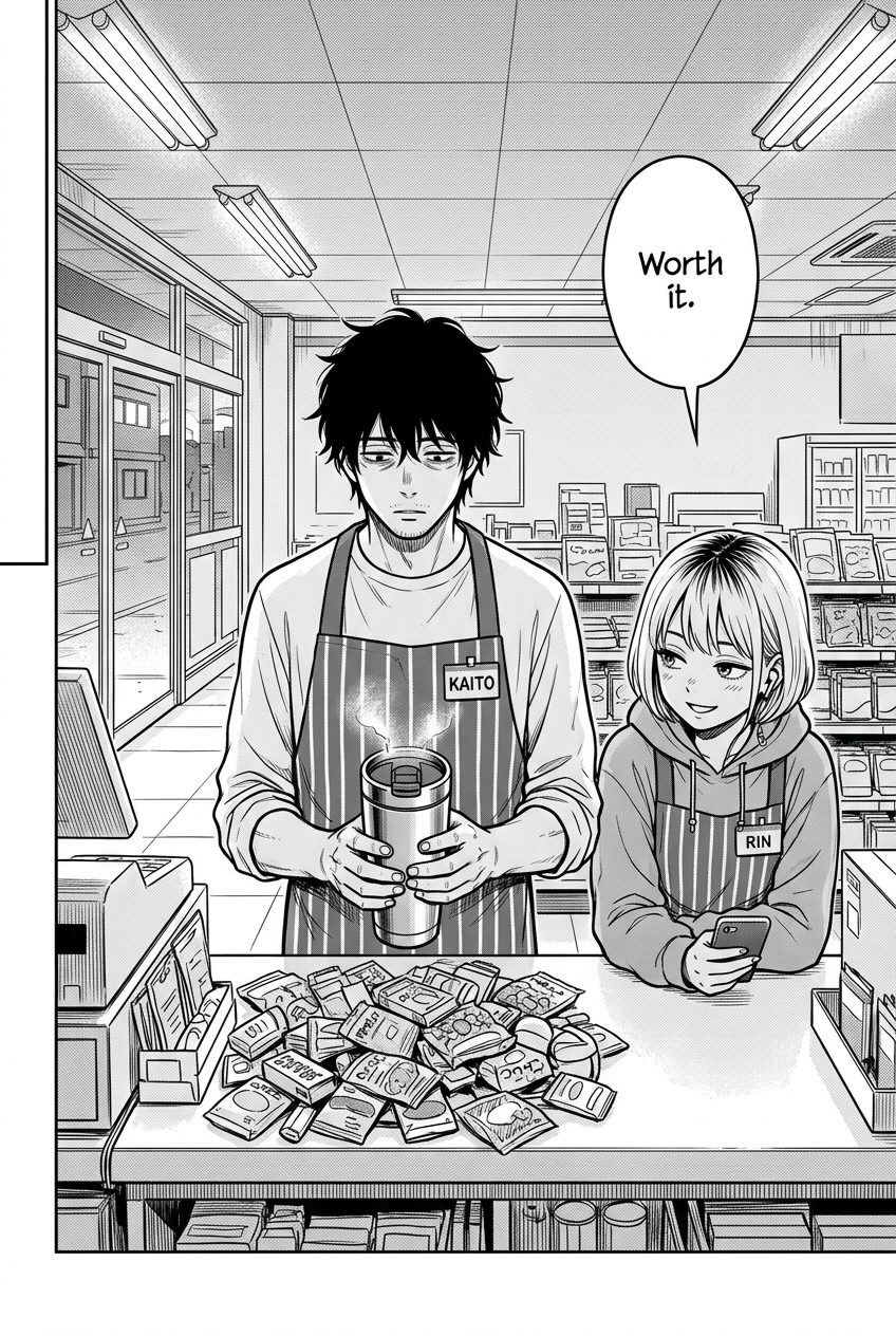 Wide closing shot mirroring page one: the counter still buried in tiny purchases, Kaito alone holding the nurse's untouched steaming travel mug in defeat, Rin beside him lowering her phone with a smirk.