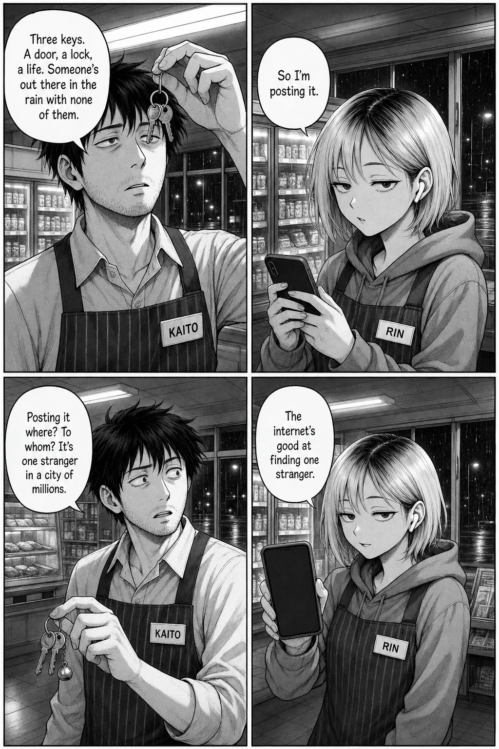 Four panels: Kaito holds the three-key keyring up to the light, spiraling about the stranger who lost it; Rin says she is posting it online; Kaito objects that it is one stranger in a city of millions; Rin holds up her phone and says the internet is good at finding one stranger.