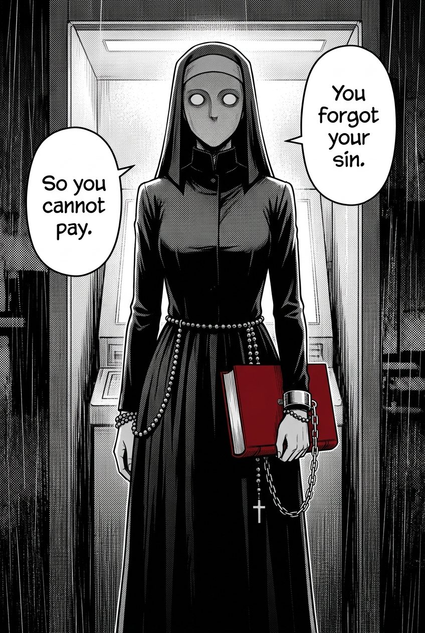 The rigid veiled Mother Ledger stands and flatly states the rule that traps couriers, the red ledger chained to her wrist.