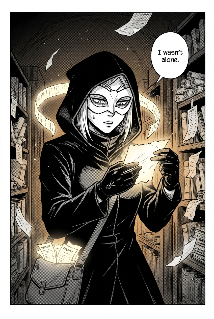 The masked courier recoils from the fragment in her gloved hands, her eyes wide behind the mask, realizing she was not alone in her sin.