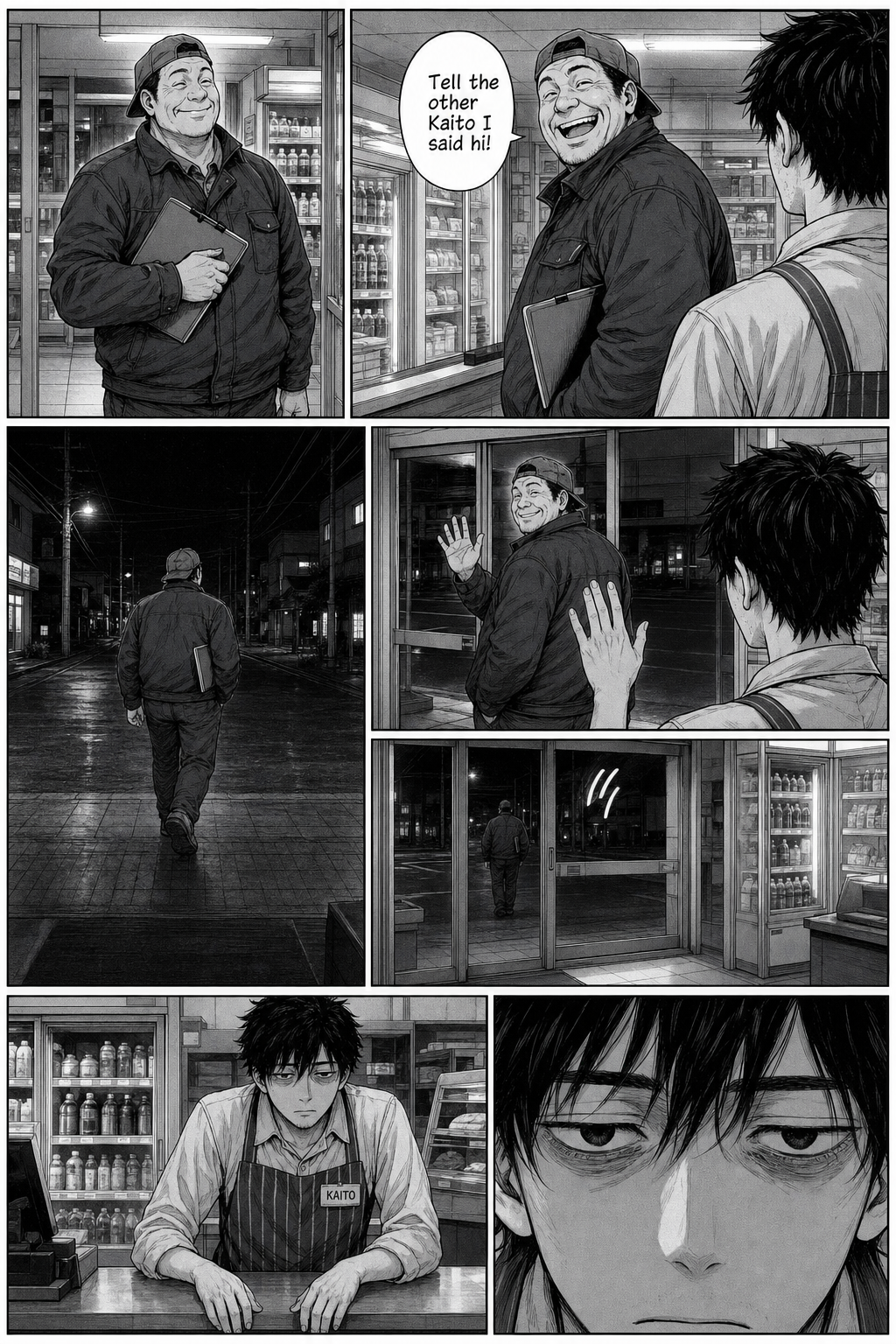Dense seven-panel manga page: the driver cheerfully leaves, telling Kaito to say hi to the other Kaito; Kaito gives a defeated half-wave and is left staring at the closed door.