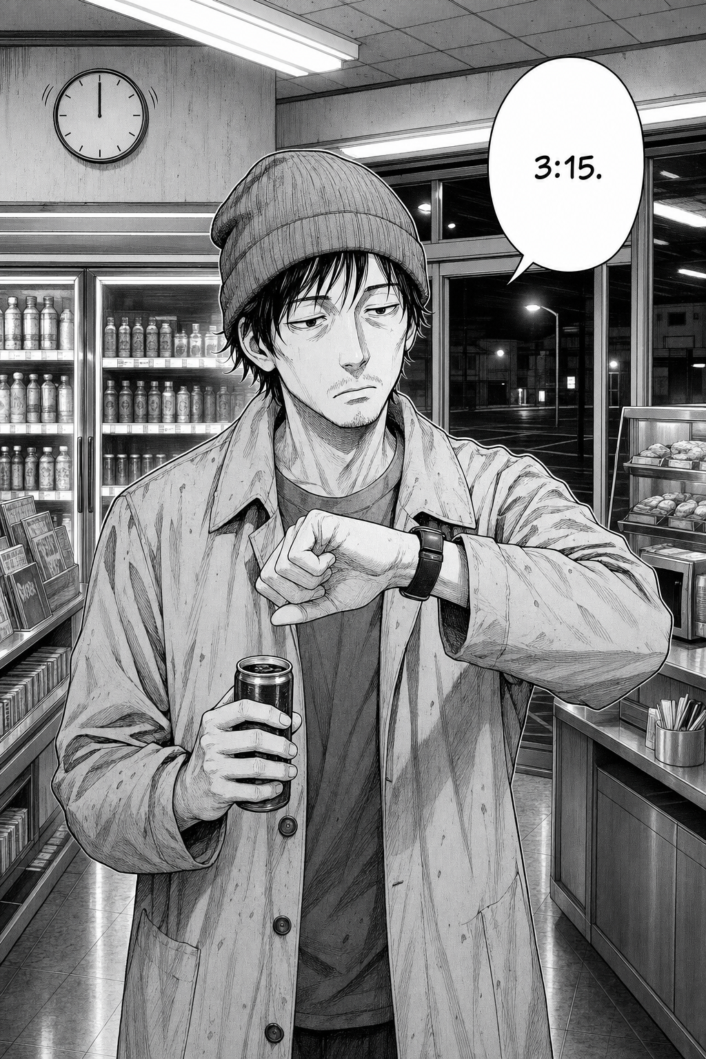 The same beige-raincoat, grey-beanie customer holds a canned coffee and taps his wristwatch, its face turned away, telling Kaito the time.