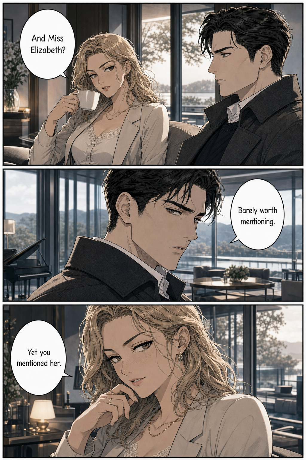 Caroline studies Darcy over coffee and probes him about Elizabeth, noticing that his denial comes too quickly.