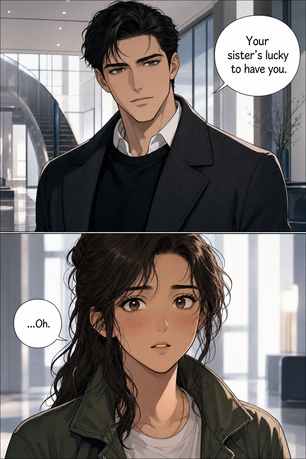 Instead of an insult, Darcy says something quietly kind; below, a close-up of Lizzie caught completely off guard, her certainty wobbling.