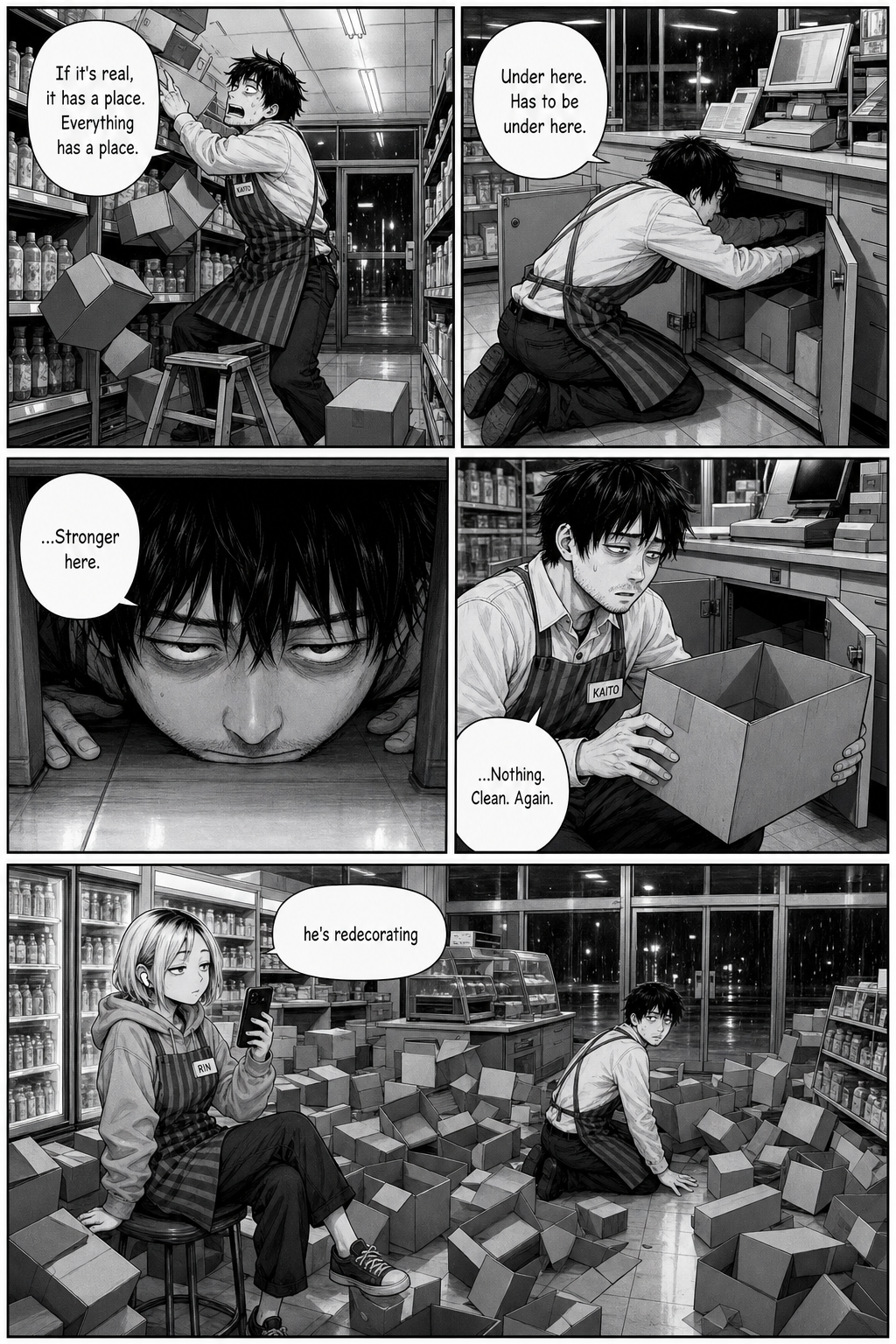 Dense page: Kaito tears the store apart searching, sniffs under the counter muttering "Stronger here," finds only a clean empty box; the store is now buried in boxes.