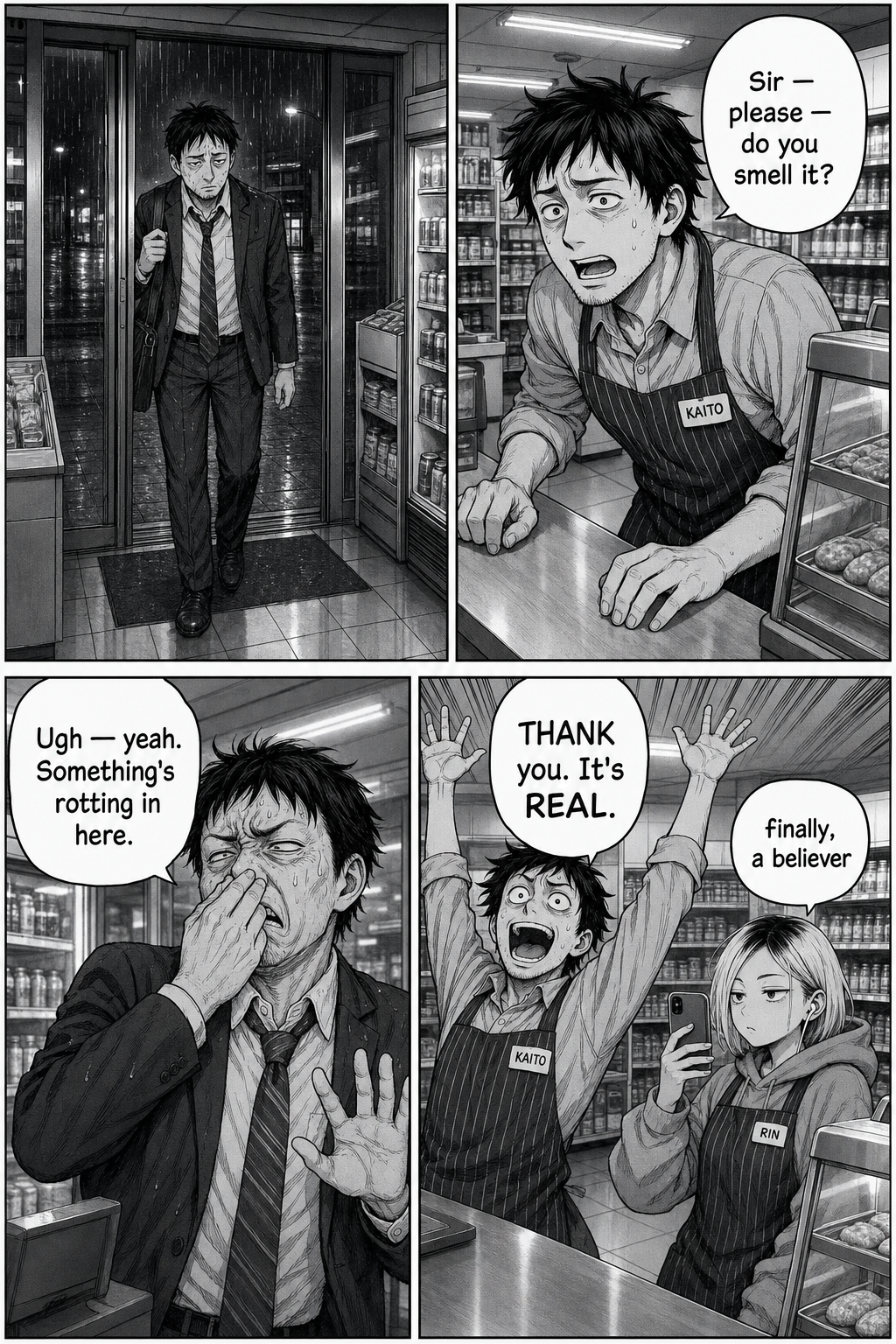A tired salaryman enters and, when Kaito begs him to confirm the smell, recoils gagging that something's rotting; Kaito throws up his hands, vindicated.
