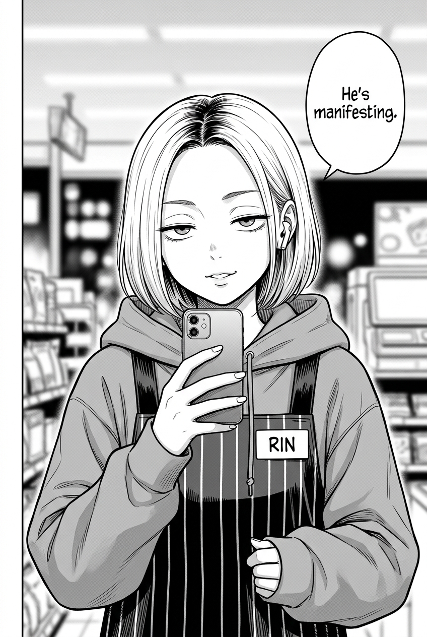 Close-up of Rin holding her phone up toward the viewer, filming, with a bored half-lidded expression and a tiny smirk. The store is blurred behind her.