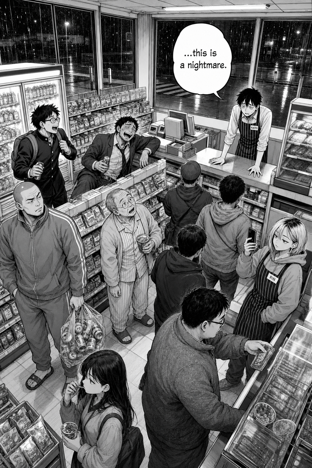 A high-angle splash panel: the convenience store absurdly crowded at 3 a.m. — the drunk salaryman, the wired student, the pajama old man and the tracksuit regular scattered through the aisles. Kaito is tiny and overwhelmed behind the register while Rin films from the corner.