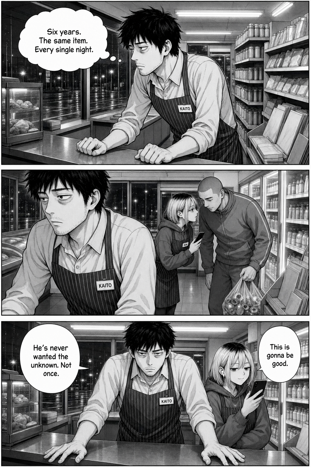 Kaito grips the counter, stunned his most predictable customer wants a surprise, while Rin quietly questions the regular in the background.