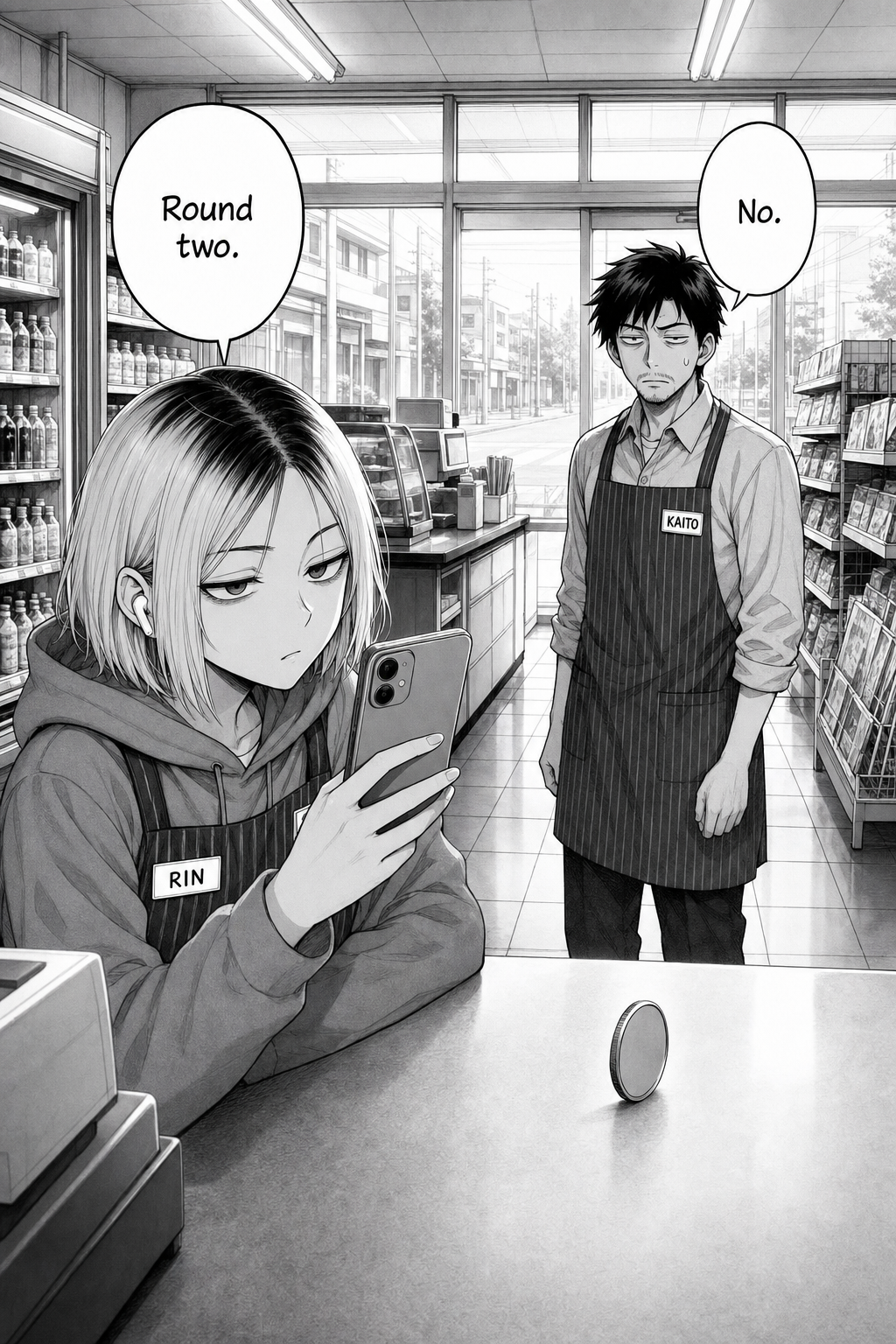 A single wide daylight panel mirroring page one: on the bare counter a new coin stands on its edge, Rin already filming it, Kaito seeing it with dread.