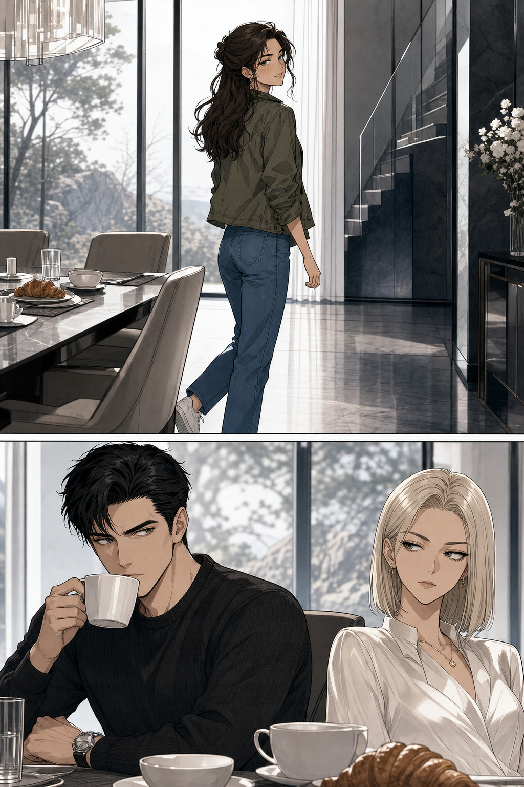 Lizzie rises to head upstairs; below, Darcy watches her over the rim of his coffee cup while Caroline notices his stare.