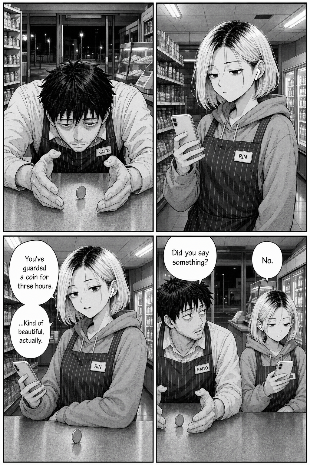 Four panels: Kaito slumps guarding the coin; Rin softens and murmurs it's kind of beautiful, then goes flat again when he asks what she said.