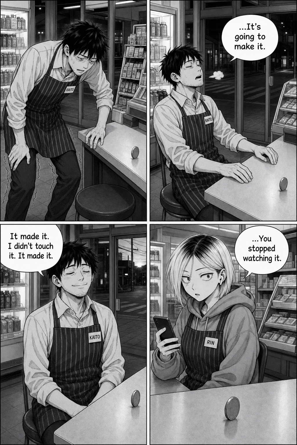 Four panels: an exhausted Kaito finally sits, lets his hands leave the counter, and smiles that the coin made it; Rin looks up in alarm that he stopped watching.