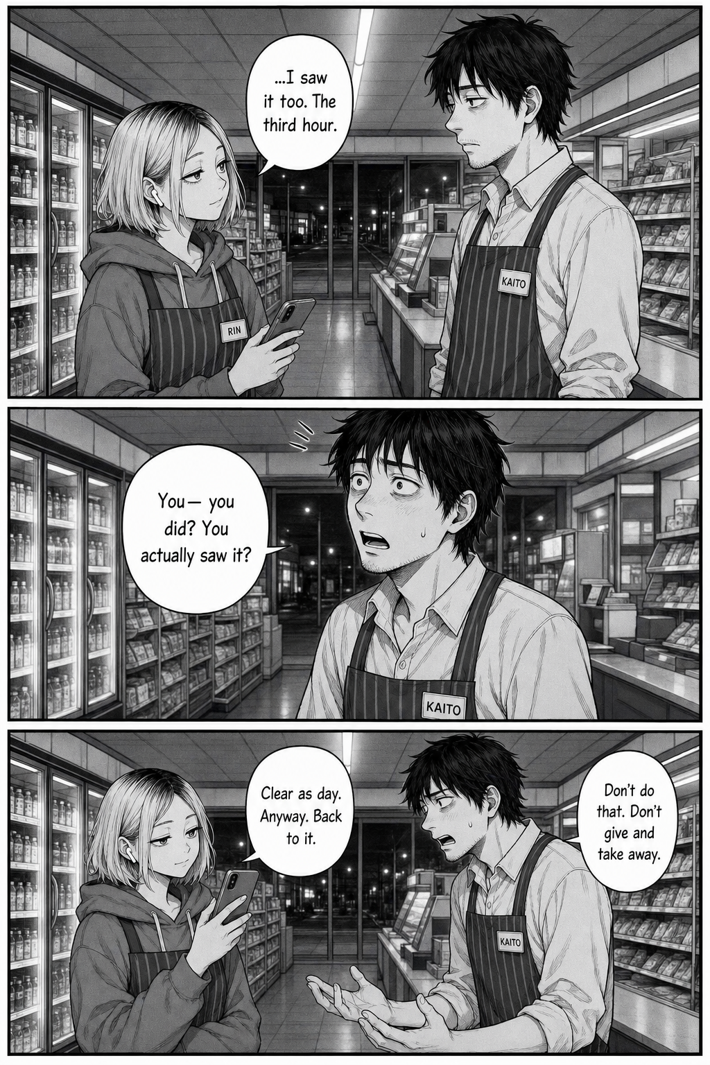 Rin lowers her phone and quietly admits she saw the flicker in the third hour, then puts the mask back on.