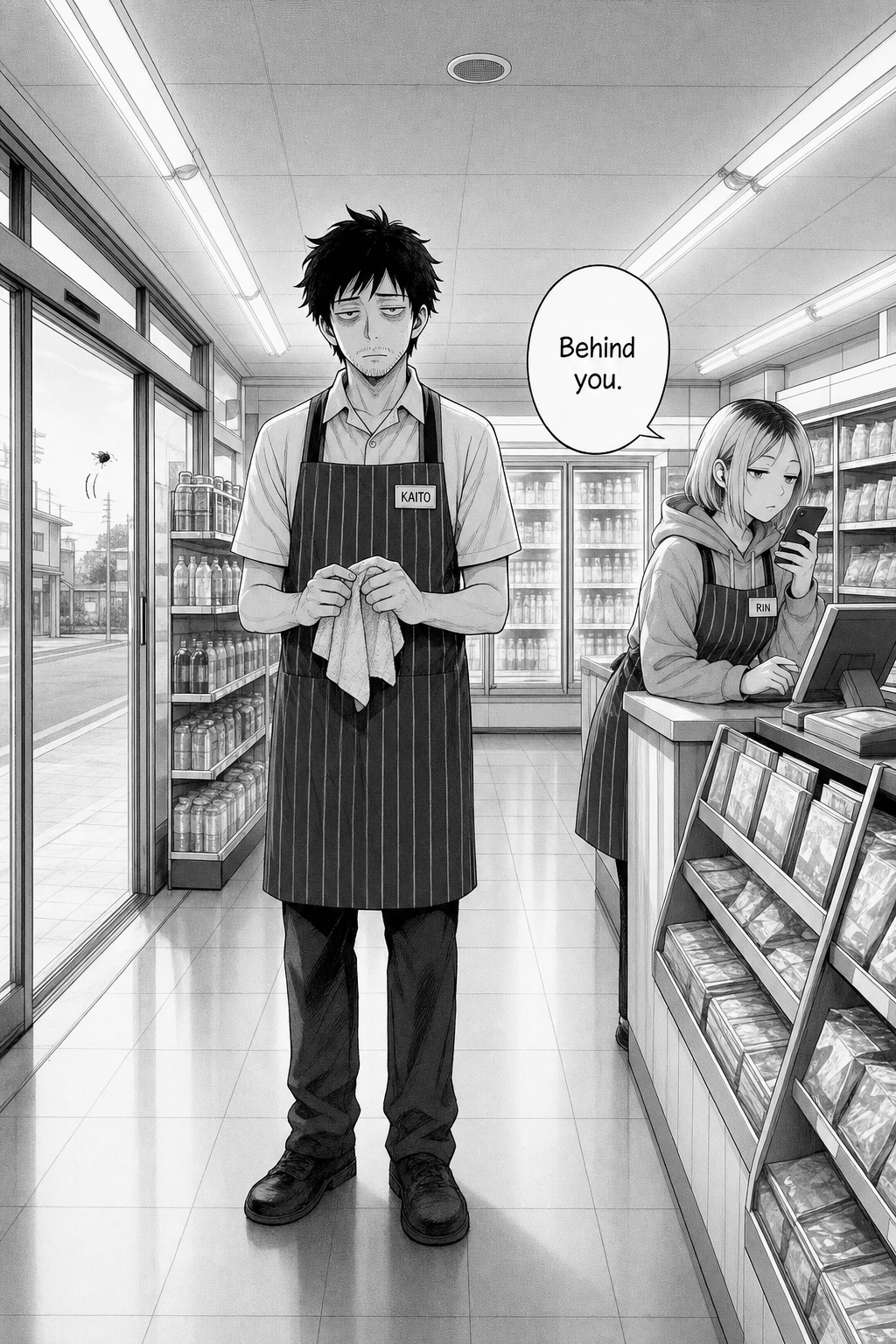 Daylight; the spotless store mirrors page one, Kaito back in his spot with the cloth — but a second fly is drifting in through the open doors.