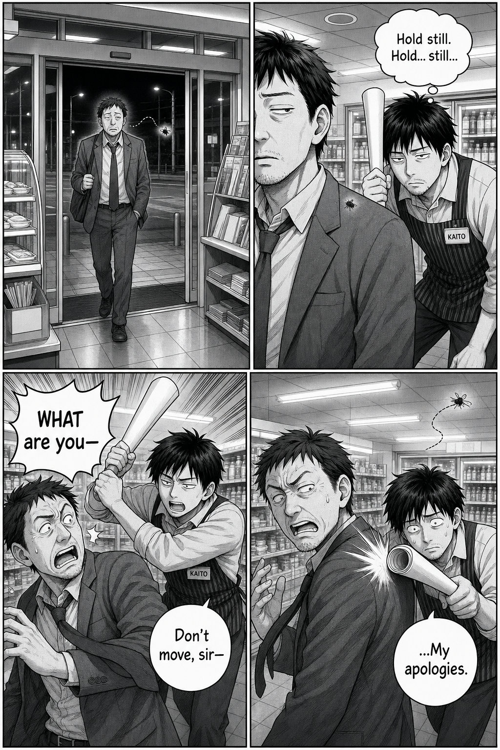 A salaryman enters; the fly lands on his shoulder; Kaito sneaks up and swings at him, smacking the startled customer, then apologizes.